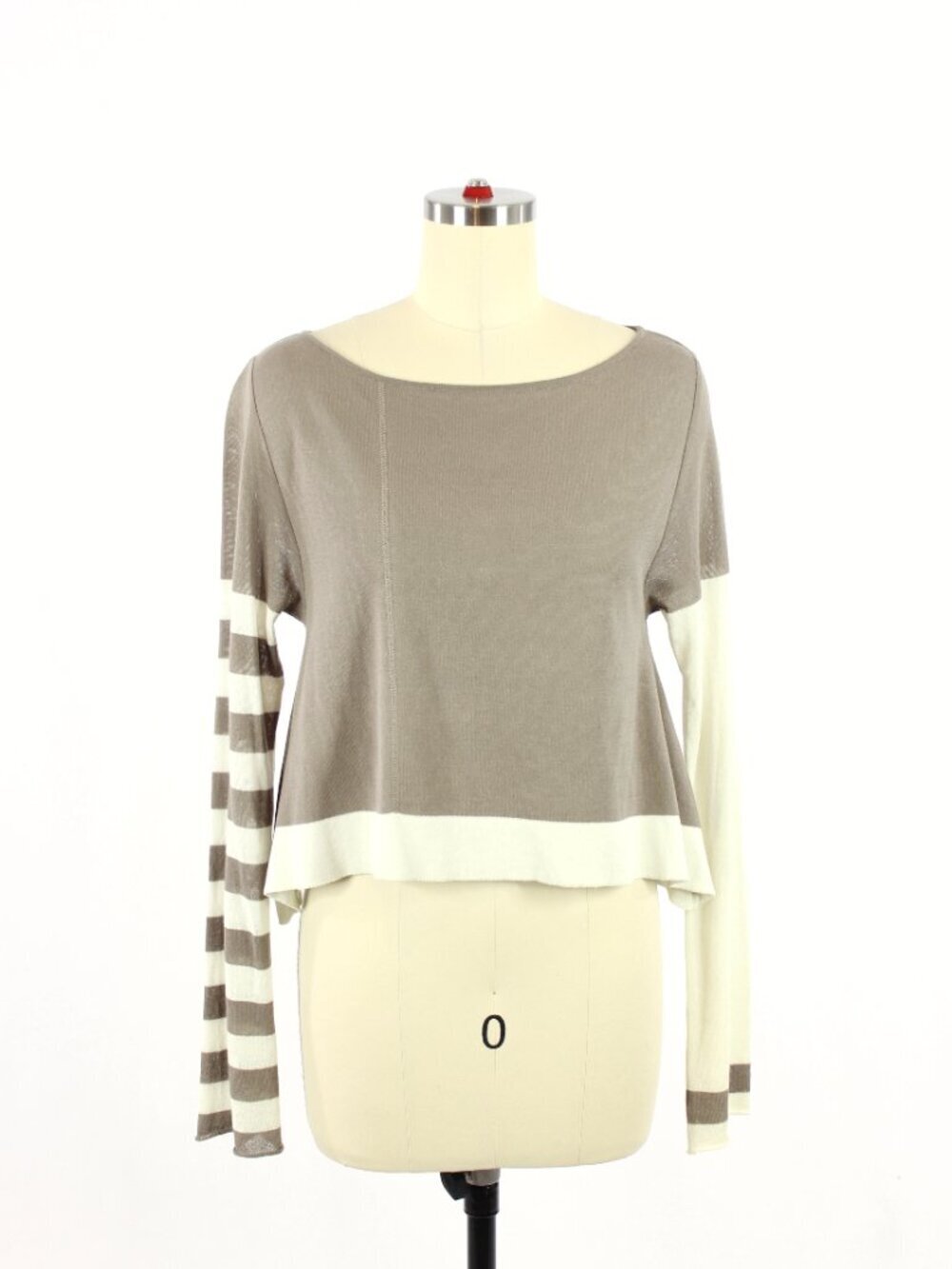 SARAH PACINI Taupe Ivory 100% Cotton Knit Cropped Sweater, One Size